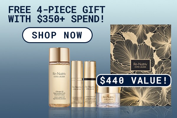 Photograph of the FREE 4 - Piece Gift with any purchase over $350. Estee Lauder products in front of the ReNutriv Gift box.