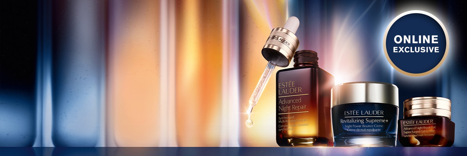 3 Estee Lauder skincare products on a shelf with lighting. Purchase any 3 products and get up to 33% off!
